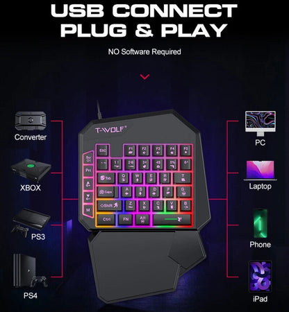 T-Wolf One Handed Gaming Keyboard Mouse Converter Mobile Game Backlight
