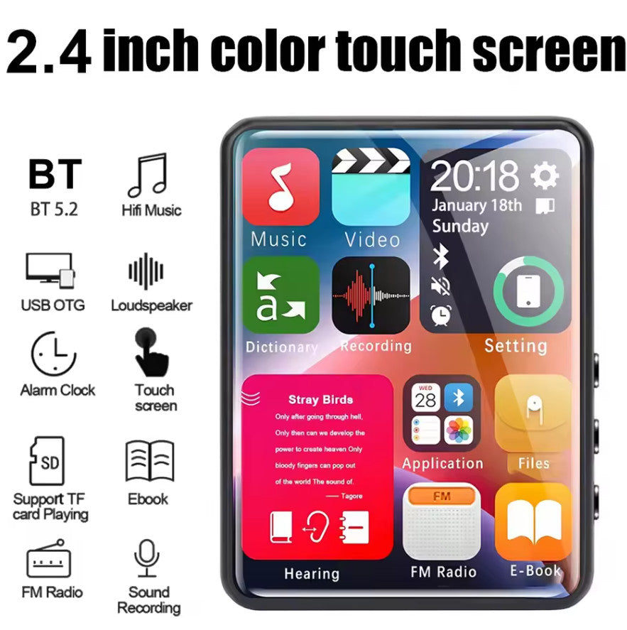2.4" Touchscreen MP3 MP4 Player Bluetooth HiFi HD FM Record 4GB & support 128GB