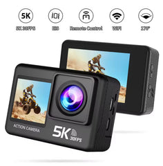 5K Action Camera Dual Display Screens, 5K Ultra HD Video & 50MP Photos, Dual Screens – 2.0” touch screen plus 1.3” front screen, 170° Wide-Angle Lens, EIS Stabilization, WiFi & App Control, Long Battery Life